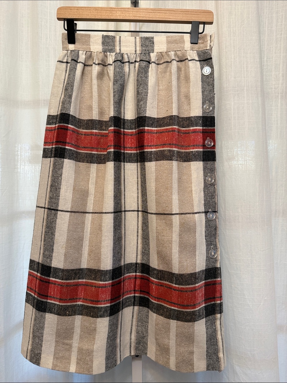Vintage Beige Plaid Midi Skirt with Red and Gray Stripes